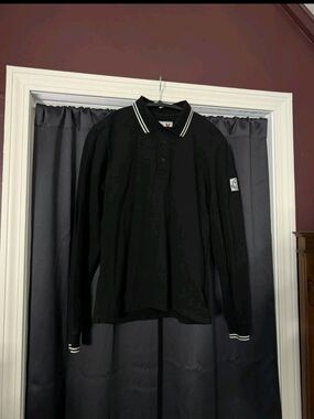 Moncler Gamme Bleu Black Long-Sleeve Logo Patch Polo with White Trim